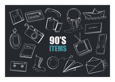 90's items doodle illustrationのイラスト素材