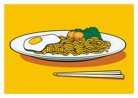 fried noodle with extra fried egg and vegetablesのイラスト素材