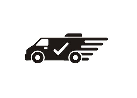 Fast and trusted delivery service by car van. Simple icon in black and white.のイラスト素材