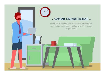 Man figure preparing work from home. Simple flat illustration.のイラスト素材