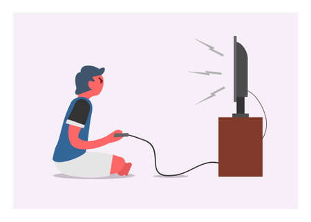 A young boy playing console game alone. Simple flat illustrationのイラスト素材