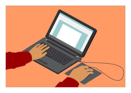 Hand typing laptop in isometric view. Simple flat illustrationのイラスト素材