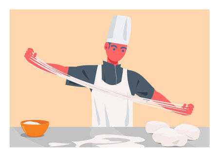 Male chef pulling handmade noodle. Simple flat illustrationのイラスト素材
