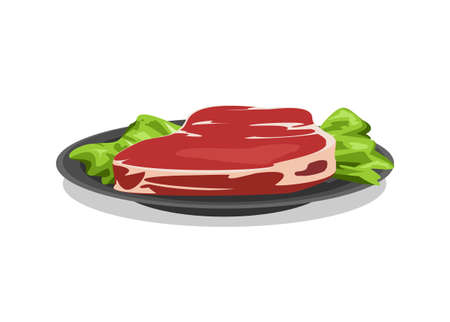 Fresh raw meat slice on a plate. Simple flat illustrationのイラスト素材
