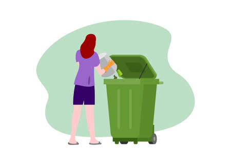 Woman trowing garbage to the garbage bin. Simple flat illustrationのイラスト素材