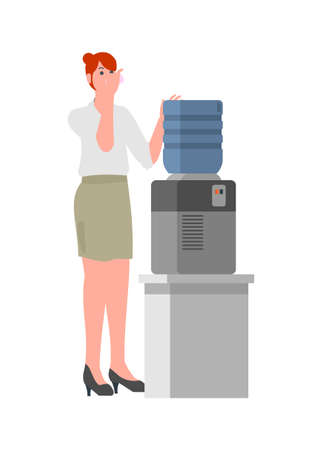 Female employee drinking water from water dispenser. Simple flat illustrationのイラスト素材