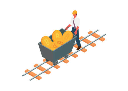 Businessman pushing mining trolley contains bitcoin. Simple flat illustration.のイラスト素材