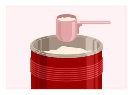 Powder milk in tin container and plastic spoon. Simple flat illustration.のイラスト素材