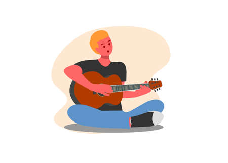 Boy playing guitar. Simple flat illustration.のイラスト素材