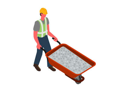 Construction worker pushing trolley in isometric view. Simple flat illustration.のイラスト素材