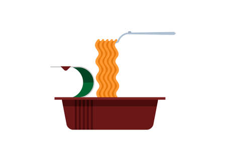 Instant noodle in a plastic bowl, with noodles rolled in a fork. Simple flat illustration.のイラスト素材