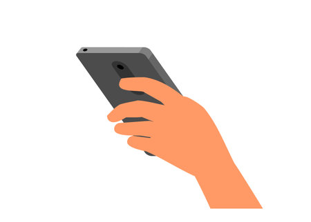 Hand holding smartphone. Back view. Simple flat illustration.のイラスト素材