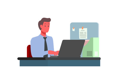 Male employee typing laptop at the office. Simple flat illustration.のイラスト素材