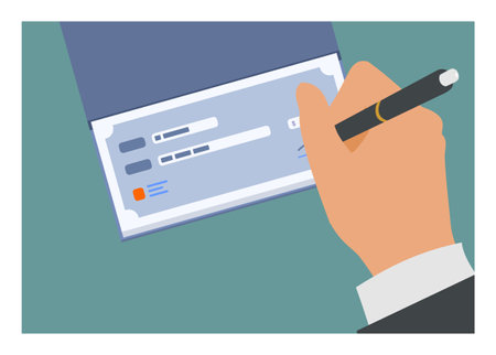 Hand giving signature on paper check book. Simple flat illustrationのイラスト素材