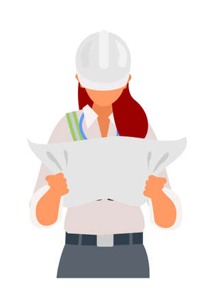 Female project manager reading draft paper. Simple flat illustrationのイラスト素材
