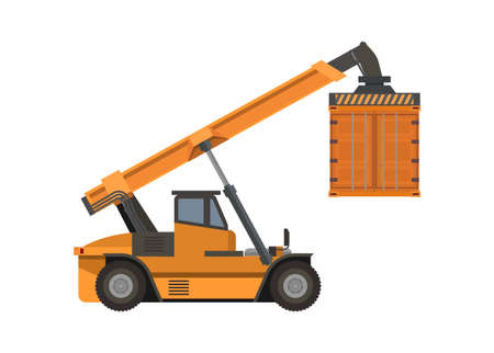 Container handler forklift lifting container. Simple isolated and colored illustration.