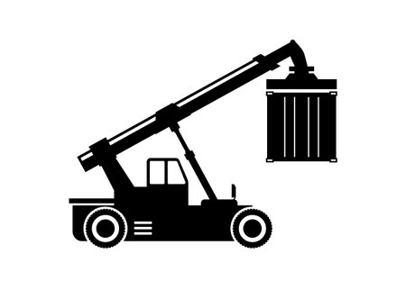 Container handler forklift lifting container. Simple illustration in black and white.のイラスト素材