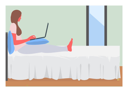 Girl typing laptop in a bedroom. Simple flat illustration.のイラスト素材