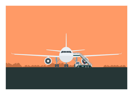 Airplane with airplane ladder vehicle. Simple flat illustrationのイラスト素材
