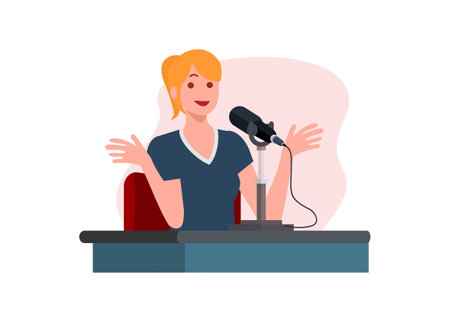 A female person interviewed on a podcast. Simple flat illustration.のイラスト素材