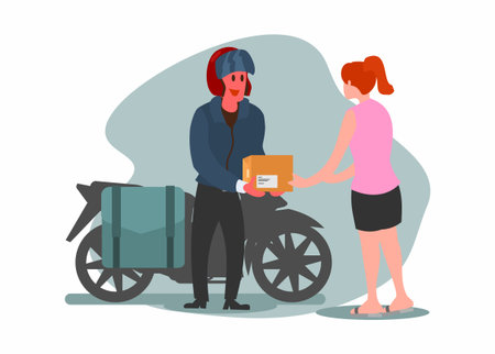 Male courier delivering package to a woman. Simple flat illustration.のイラスト素材