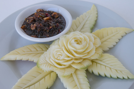 Carved Green Mangoes with Sweet fish sauce. Sweet Fish Sauce is a Thai sweet dipping sause recipe that always eat together with sour furits like mango. for more delicious.の写真素材