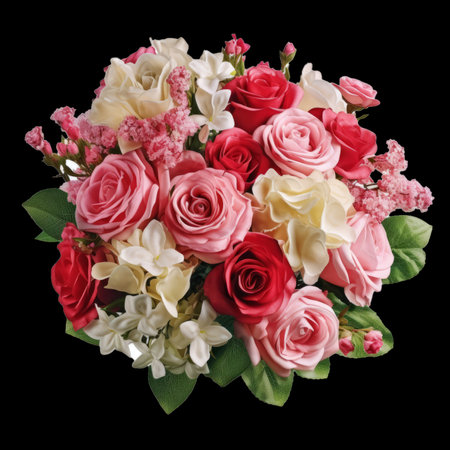 Bouquet of pink, white and red roses isolated on black backgroundの素材