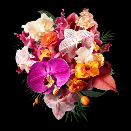 Bouquet of colorful orchids isolated on black background.の素材