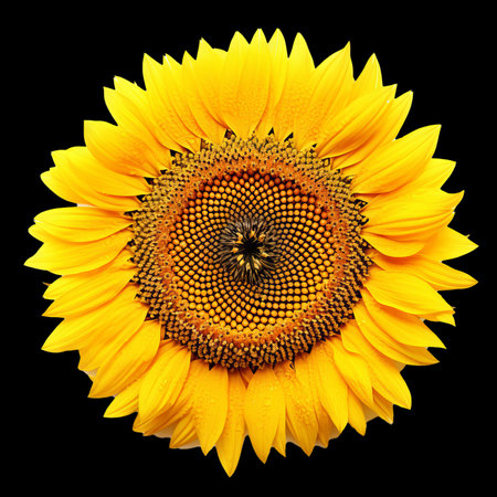 sunflower isolated on black background. top view. Flat lay.の素材