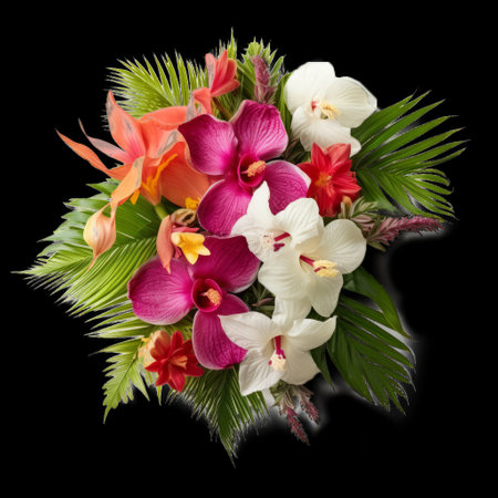 bouquet of orchids and palm leaves isolated on black backgroundの素材
