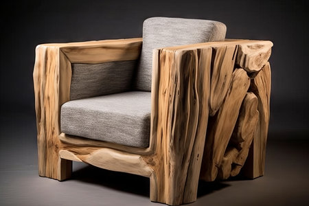 Armchair made of natural wood on a dark background with copy spaceの素材