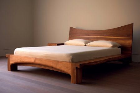 Wooden double bed with two pillows in the interior of the roomの素材