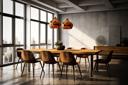 Wooden dining room interior with city view. 3D Renderingの素材