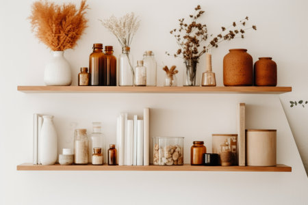 Wooden shelves with cosmetic bottles and vases on white wall backgroundの素材