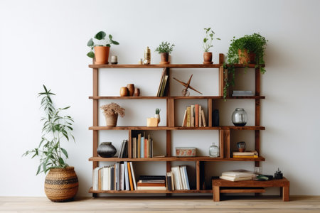 Wooden bookshelf with books and plants in cozy living roomの素材