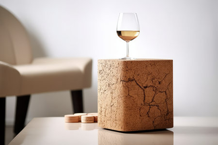 Glass of white wine on a stone pedestal with a brown leather armchair in the backgroundの素材