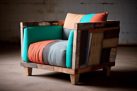 colorful pillows on a wooden sofa in the interior of the roomの素材