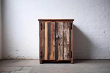wooden chest of drawers in front of a white brick wallの素材