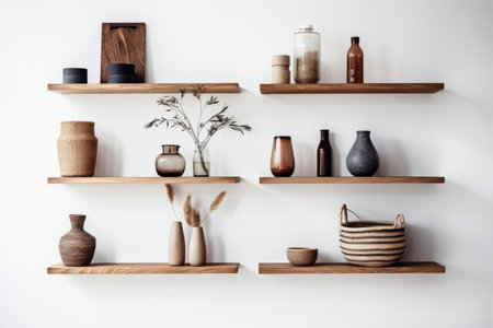 Wooden shelves with vases and vases on white wall backgroundの素材