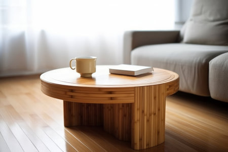Wooden table with coffee cup and book on it in living roomの素材