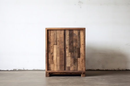 wooden box in front of a white wall with copy space.の素材