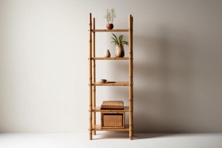 Wooden bookshelf with books and vase on white backgroundの素材