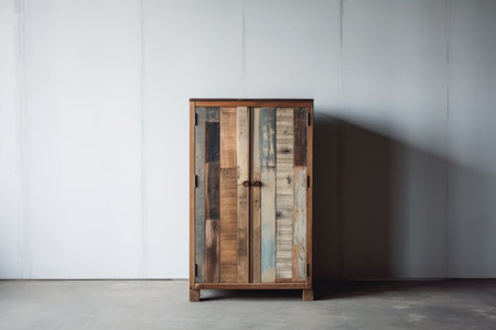 Wooden cupboard in a room with white walls and concrete floorの素材