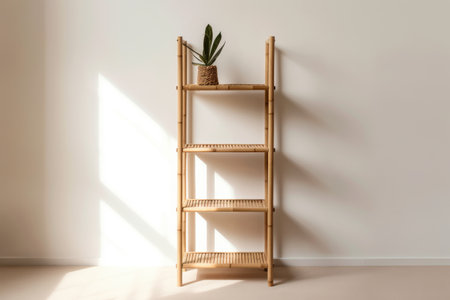 Wooden shelving unit in empty room. 3d render illustrationの素材