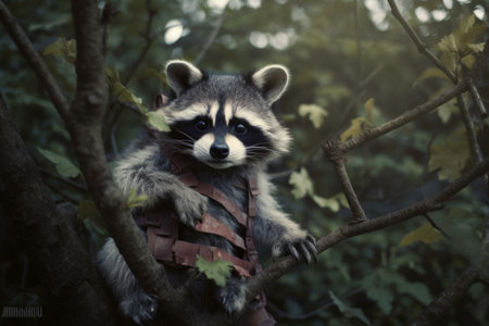 Raccoon sitting on a tree in the forest. Animal portrait.の素材