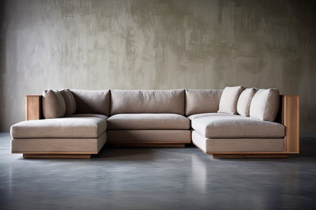modern living room with beige sofa and gray wall, 3d renderの素材