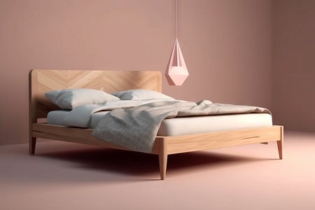 3d render of a wooden double bed in a pink room.の素材