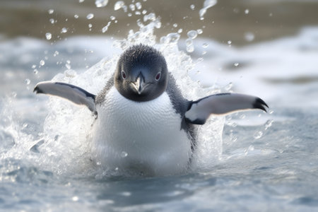 Chinstrap penguin (Spheniscus chinstrap) coming out of waterの素材
