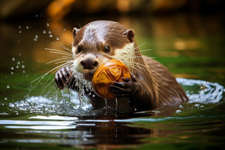 Otter playing with a ball in the water. Wildlife animal.の素材