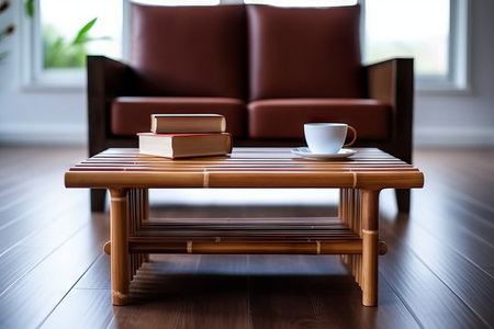 A cup of coffee and books on a wooden table in the living roomの素材